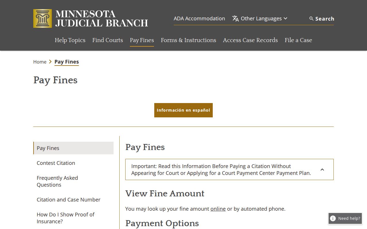 Minnesota pay a fine page with citation payment, appearance, and failure to appear instructions