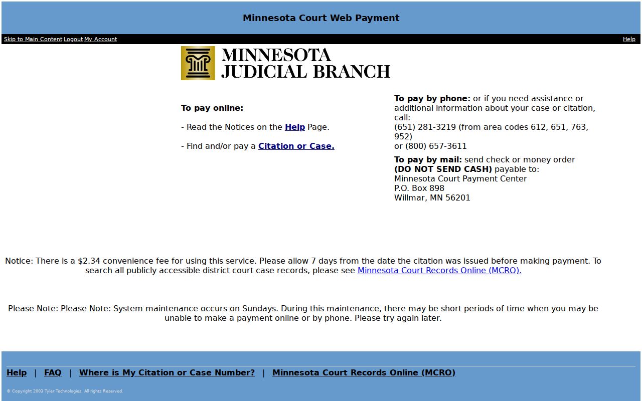 Minnesota court WebPay payment portal landing screen for citation payments
