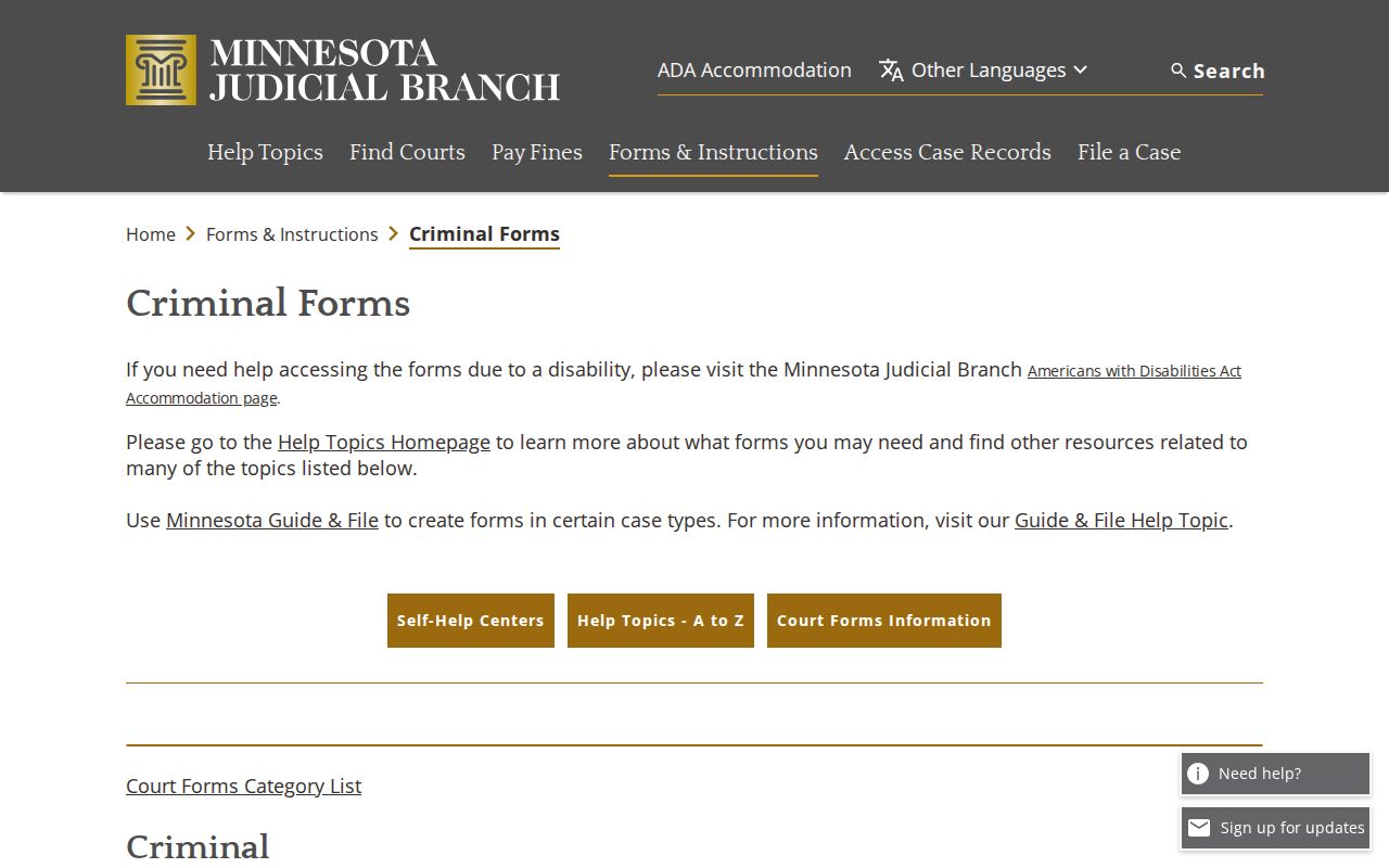 Minnesota criminal court forms list including sign and release warrant and bail bond forms