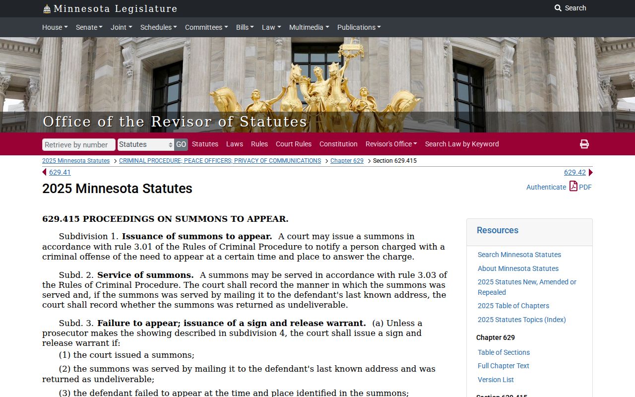 Minnesota sign and release warrant statute page for first-time misdemeanor failures to appear