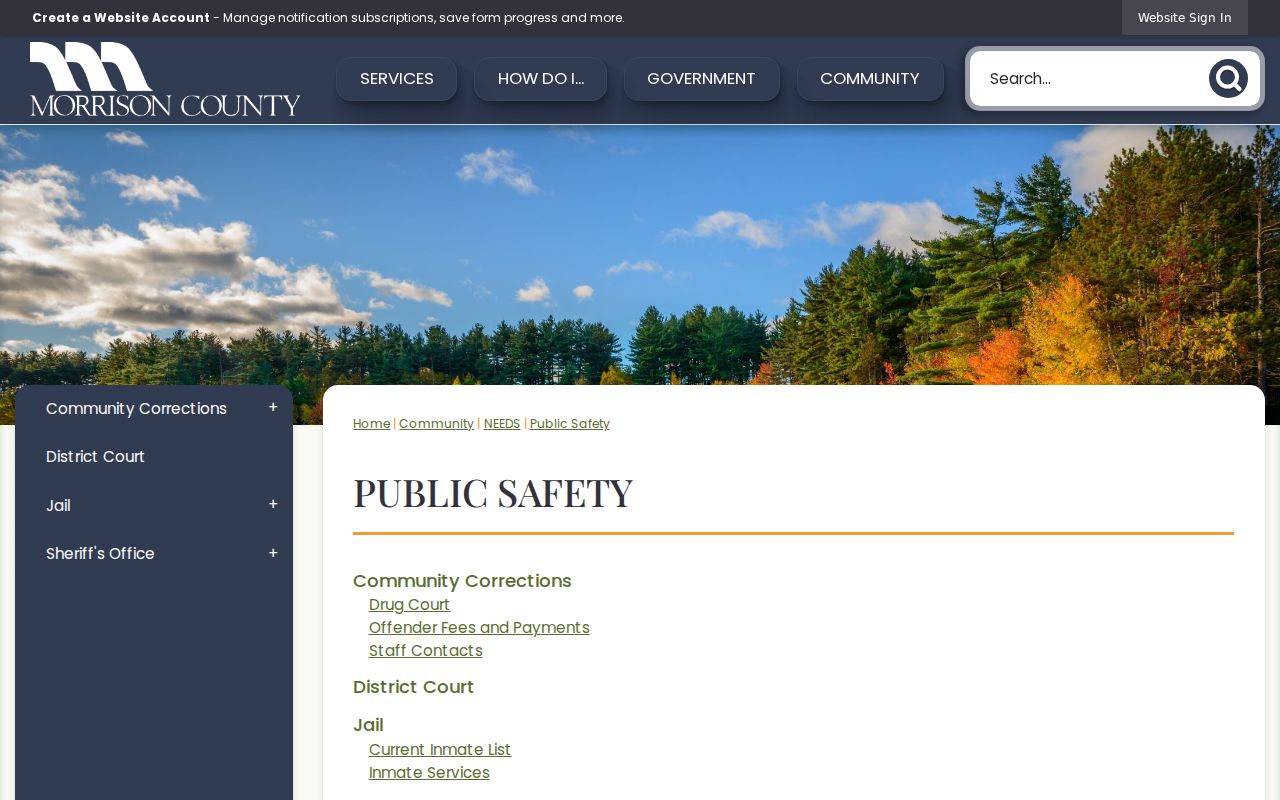 Morrison County public safety page listing sheriff, jail, and dispatch services