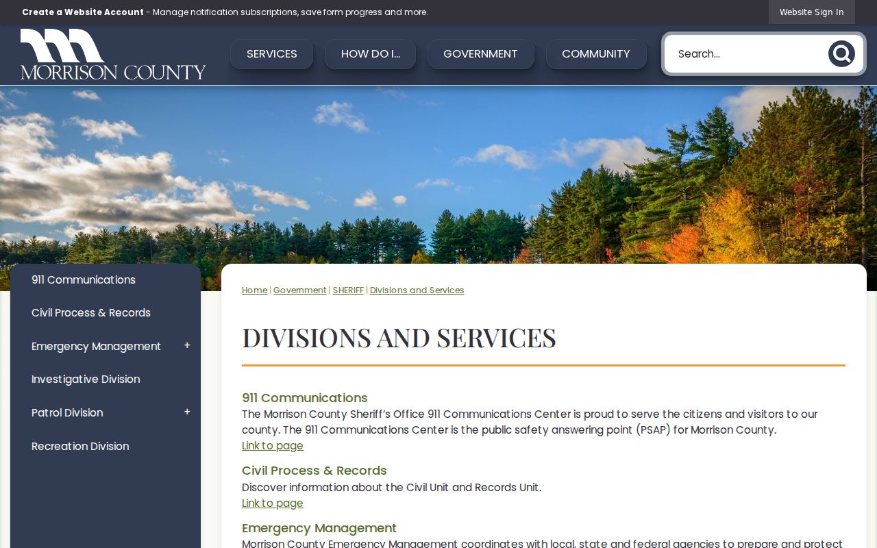 Morrison County division directory showing court, sheriff, and records offices