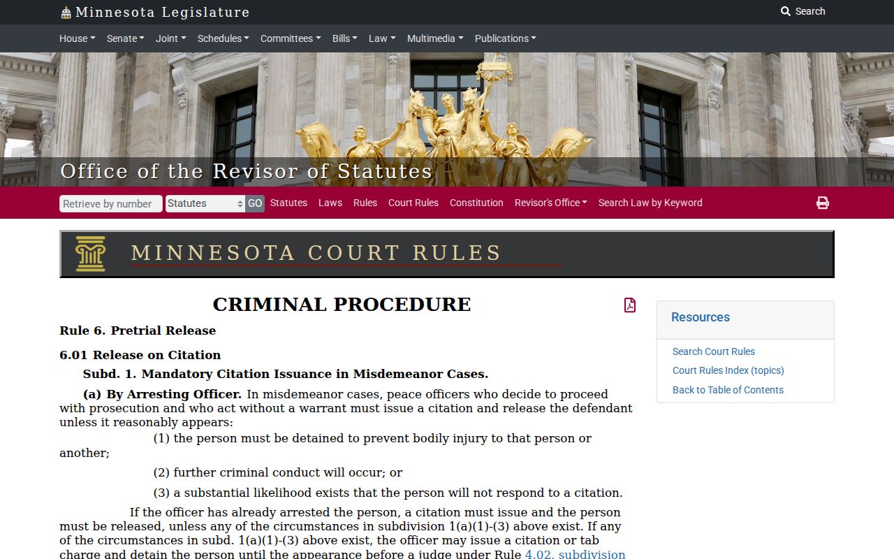 Minnesota criminal rule 6 text covering warrant, summons, and release provisions