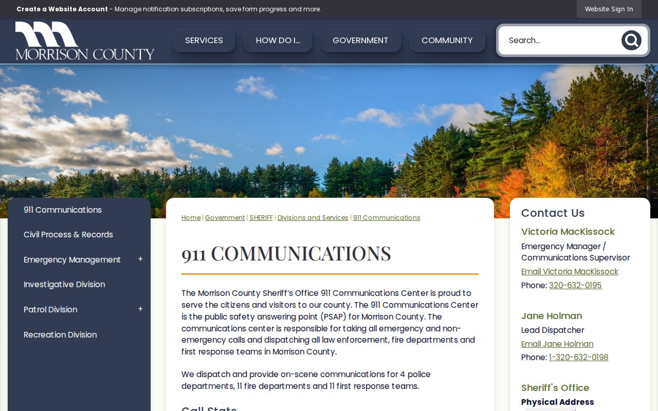 Morrison County 911 communications page describing dispatch scope and non-emergency routing
