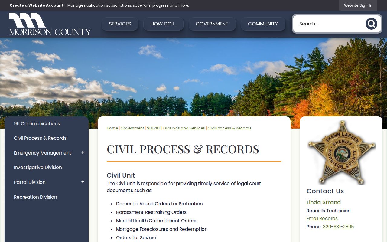 Morrison County civil process and records unit page with fee and request information