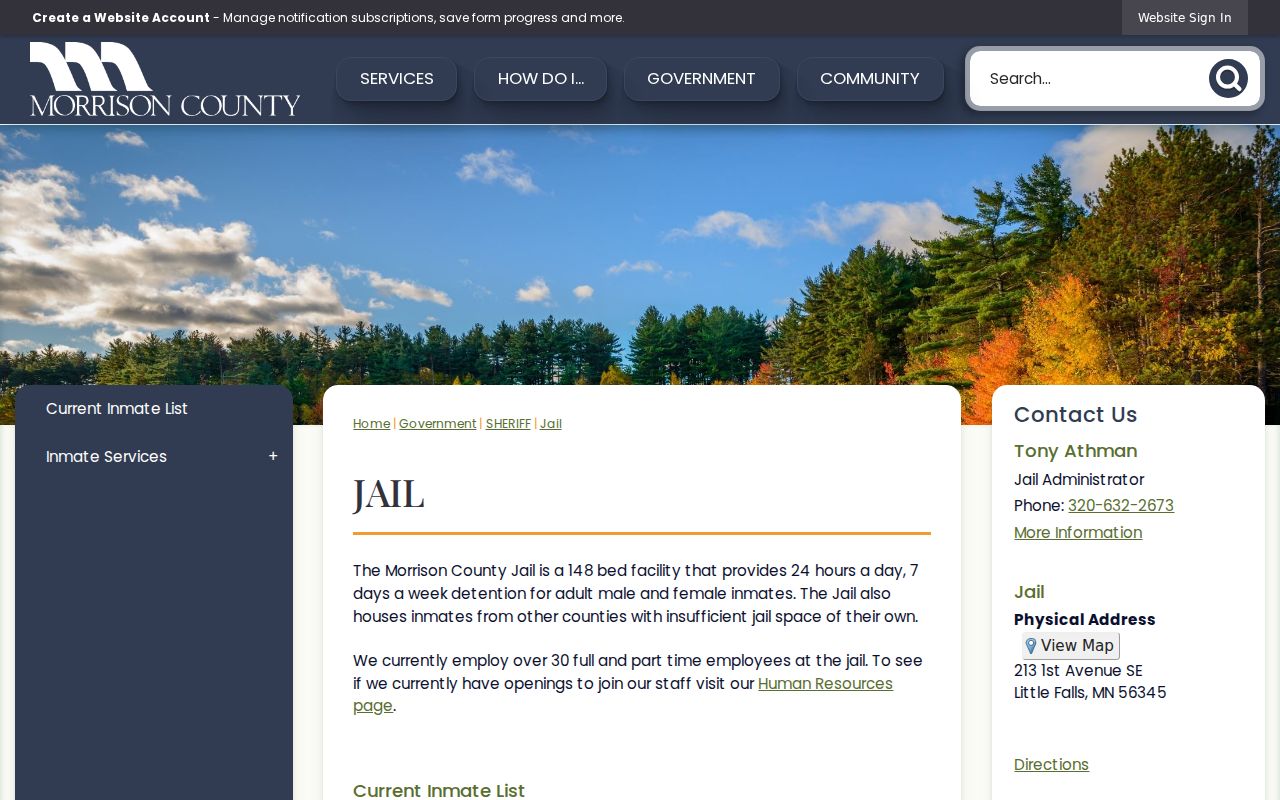Morrison County jail capacity and contact information page