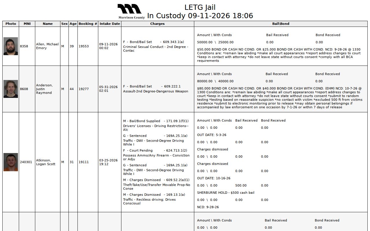 Morrison County in-custody display header and custody table column labels