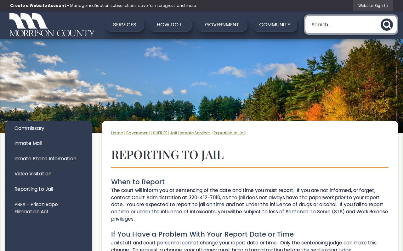 Morrison County reporting to jail page describing sentencing reporting instructions