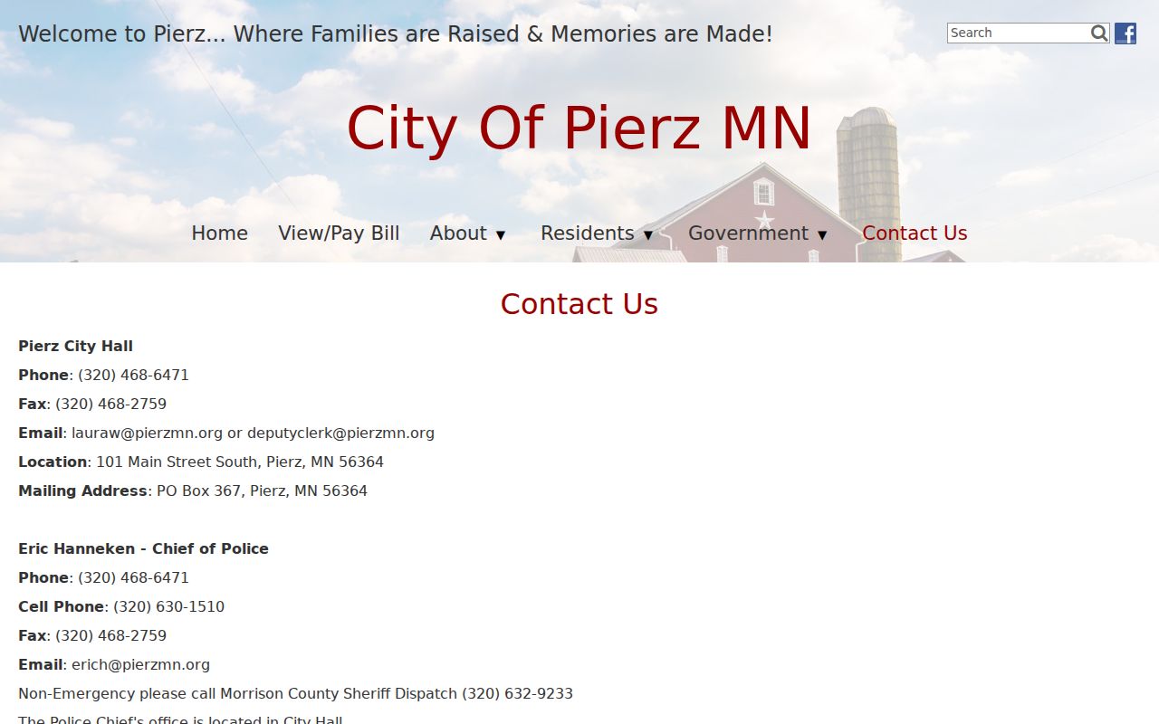 Pierz city police contact page with City Hall address and sheriff dispatch routing