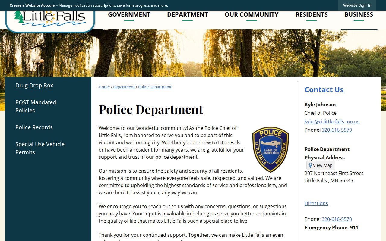 Little Falls police department page describing 24-hour city service and staffing