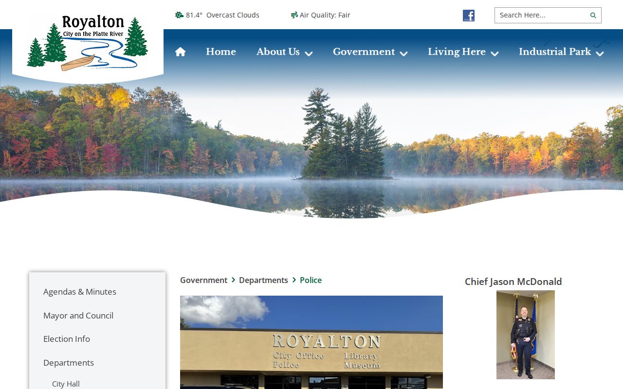 Royalton city police contact page with City Hall address and sheriff after-hours routing