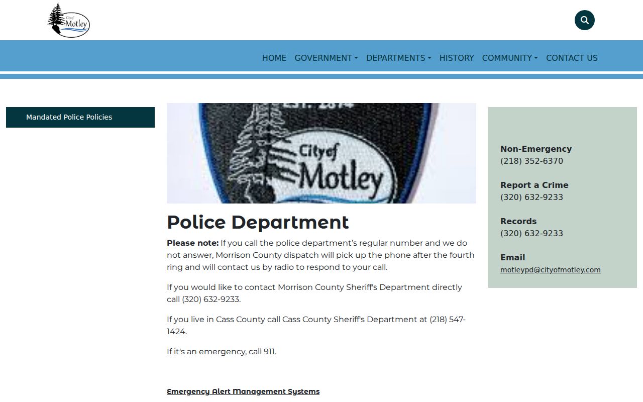 Motley police department page with city number and Morrison County dispatch routing