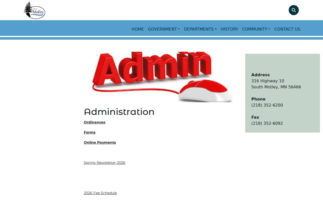 Motley city administration page with address, phone number, and office hours