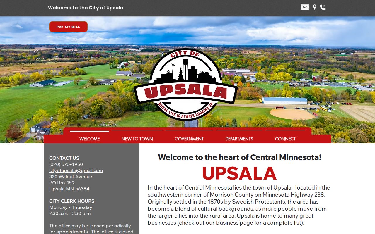 Upsala city clerk contact page with address, phone number, and office hours