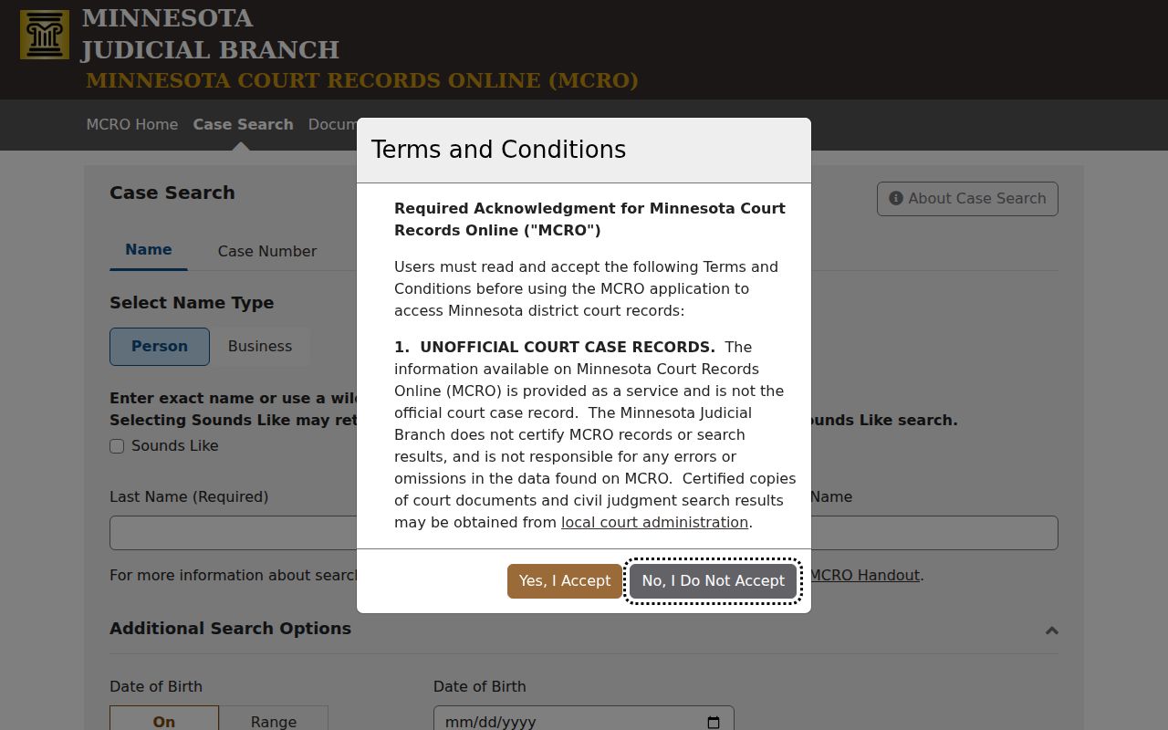 Blank Minnesota court case search form with name, date, and county fields