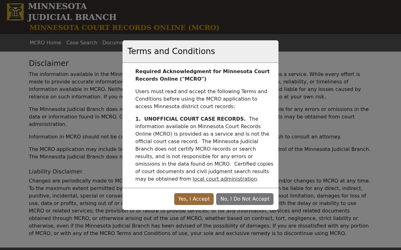 Minnesota court records online non-certified record disclaimer page